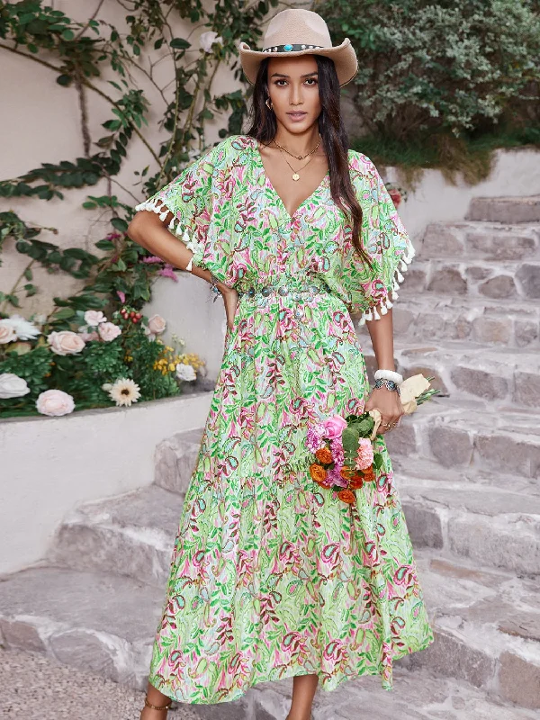  Smocked Floral V-Neck Short Sleeve Dress