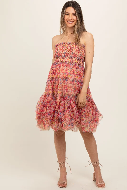 Maternity dress for a baby's dedication Pink Floral Sleeveless Smocked Ruffle Hem Maternity Dress Maternity dress for a baby's dedication Pink Floral Sleeveless Smocked Ruffle Hem Maternity Dress
