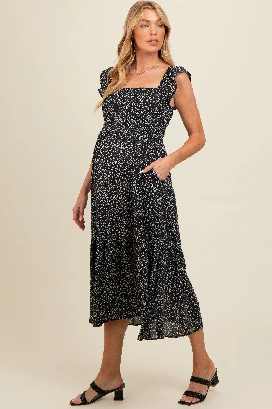 Maternity dress for a baby's first visit to the community garden Black Ruffle Strap Smocked Maternity Mid Dress Maternity dress for a baby's first visit to the community garden Black Ruffle Strap Smocked Maternity Mid Dress