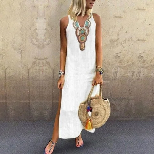 Everyday Dress with Recycled Materials for a Sustainable Choice Wanderlust Sleeveless Cotton V-Neck Side Slit Dress Everyday Dress with Recycled Materials for a Sustainable Choice Wanderlust Sleeveless Cotton V-Neck Side Slit Dress