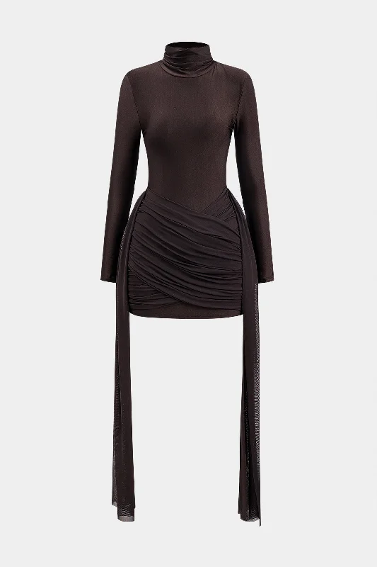 Mini dresses with button - down fronts Mesh Ruched Mock Neck Long Sleeve Mini Dress