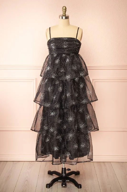 Midi dresses with gathered skirts for a full and flowing silhouette Jazila | Long Black Embellished Chiffon Dress Midi dresses with gathered skirts for a full and flowing silhouette Jazila | Long Black Embellished Chiffon Dress