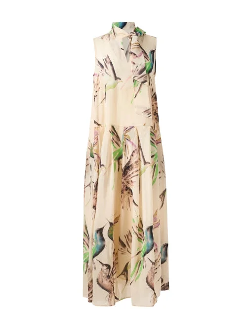 Everyday Dress with Pleated Bodice for a Structured Look​ Ivory Bird Printed Dress