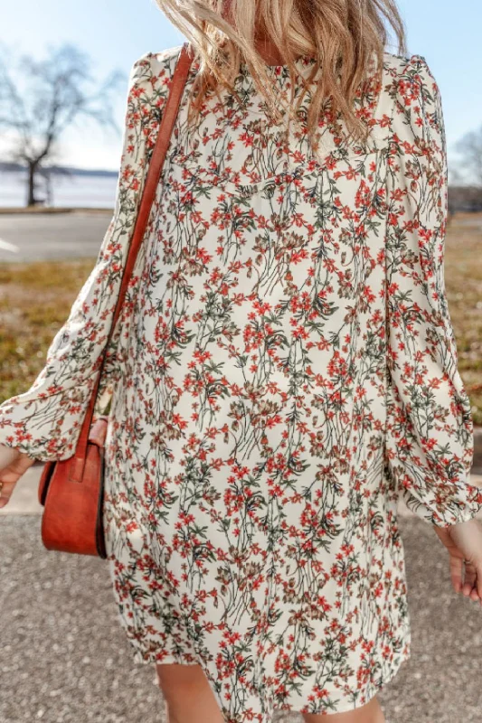  Floral Round Neck Long Sleeve Dress