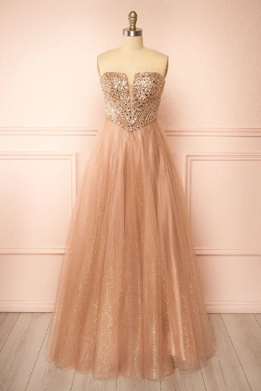 Midi dresses with off - the - shoulder necklines for a flirty look Yeji Taupe | Sparkly Maxi Dress w/ Embroidered Bodice Midi dresses with off - the - shoulder necklines for a flirty look Yeji Taupe | Sparkly Maxi Dress w/ Embroidered Bodice