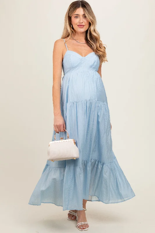 Maternity dress for a baby's first visit to the bird sanctuary Light Blue Sleeveless Tiered Maternity Maxi Dress Maternity dress for a baby's first visit to the bird sanctuary Light Blue Sleeveless Tiered Maternity Maxi Dress