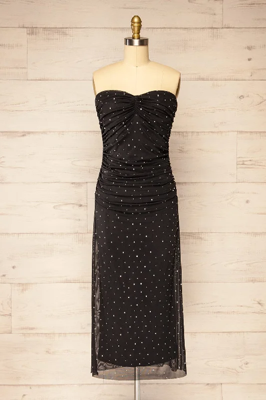 Midi dresses with lace - up fronts for a unique and adjustable style Ensenada | Black Fitted Ruched Midi Dress w/ Crystals Midi dresses with lace - up fronts for a unique and adjustable style Ensenada | Black Fitted Ruched Midi Dress w/ Crystals