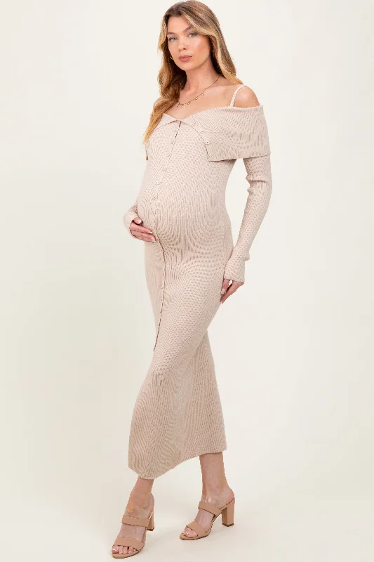 Maternity dress with pockets for convenience Beige Off Shoulder Long Cardigan Maternity Maxi Dress Maternity dress with pockets for convenience Beige Off Shoulder Long Cardigan Maternity Maxi Dress
