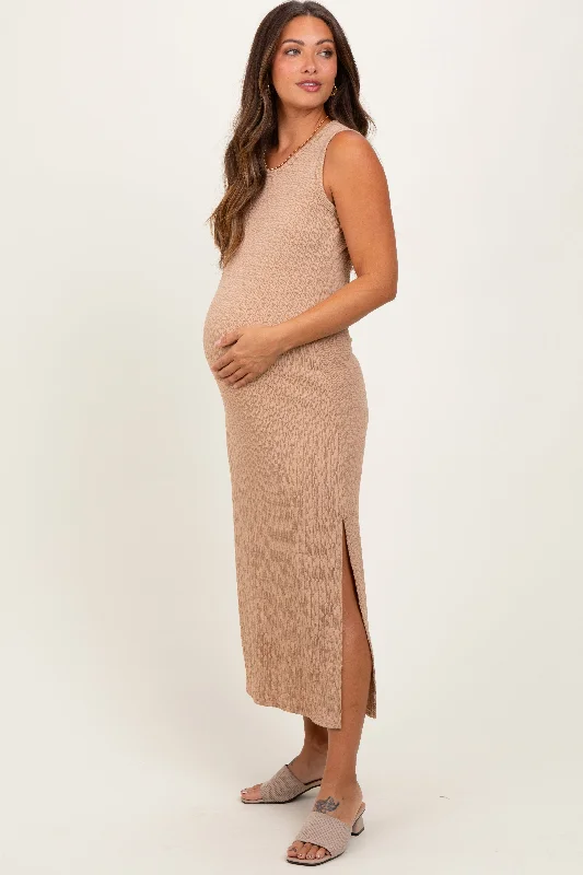 Maternity dress for a baby's first visit to the art gallery Light Taupe Jacquard Sleeveless Side Slit Maternity Midi Dress Maternity dress for a baby's first visit to the art gallery Light Taupe Jacquard Sleeveless Side Slit Maternity Midi Dress