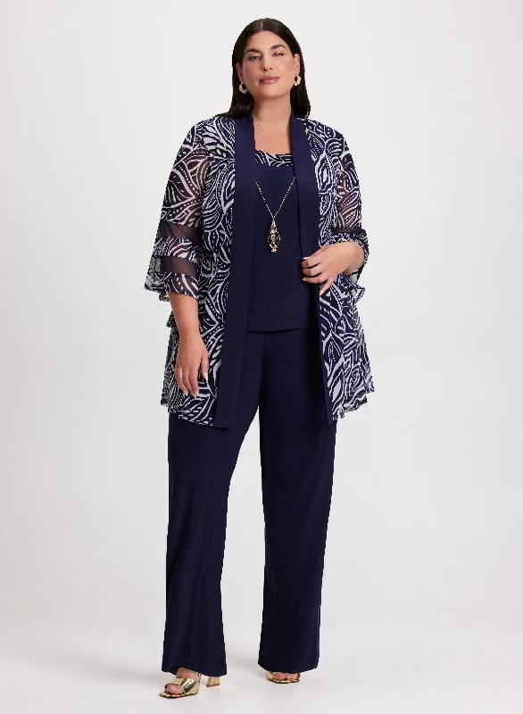 Midi dresses with belted waists to accentuate the figure Sheer Jacket, Top & Pants Set Midi dresses with belted waists to accentuate the figure Sheer Jacket, Top & Pants Set