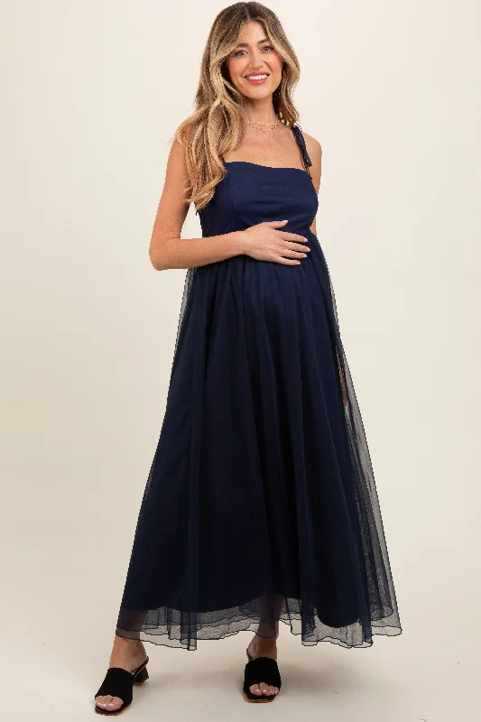 Maternity dress for a bridal shower as a hostess Navy Blue Square Neck Shoulder Tie Tulle Maternity Maxi Dress Maternity dress for a bridal shower as a hostess Navy Blue Square Neck Shoulder Tie Tulle Maternity Maxi Dress