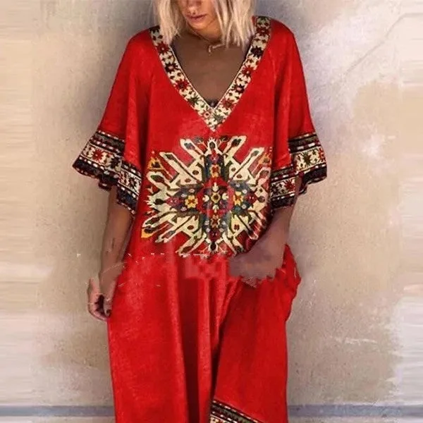  Unique Print V-neck Plus Size Casual Dress