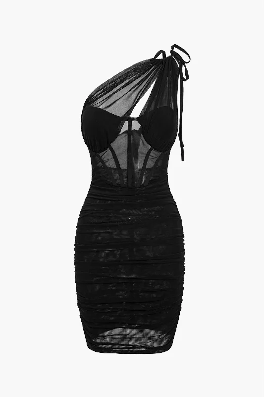 Mini dresses with asymmetric hems for a fashion - forward look Mesh One Shoulder Corset Sleeveless Mini Dress Mini dresses with asymmetric hems for a fashion - forward look Mesh One Shoulder Corset Sleeveless Mini Dress
