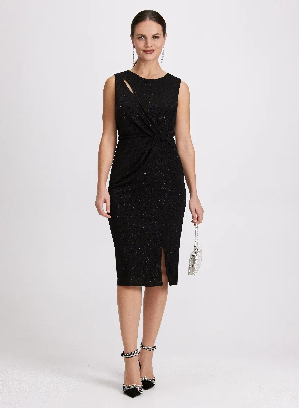 Midi dresses with pleated skirts for a timeless and elegant appeal Twist-Front Glitter Knit Dress Midi dresses with pleated skirts for a timeless and elegant appeal Twist-Front Glitter Knit Dress