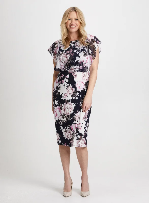 Midi dresses with abstract art prints for an artistic statement Rose Motif Flutter Sleeve Dress Midi dresses with abstract art prints for an artistic statement Rose Motif Flutter Sleeve Dress