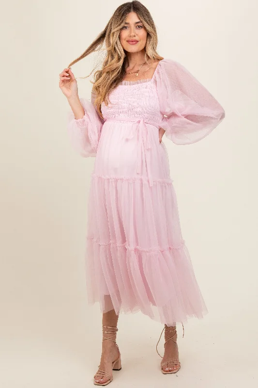 Maternity dress for a fall harvest festival Pink Mesh Tiered Long Sleeve Maternity Maxi Dress Maternity dress for a fall harvest festival Pink Mesh Tiered Long Sleeve Maternity Maxi Dress