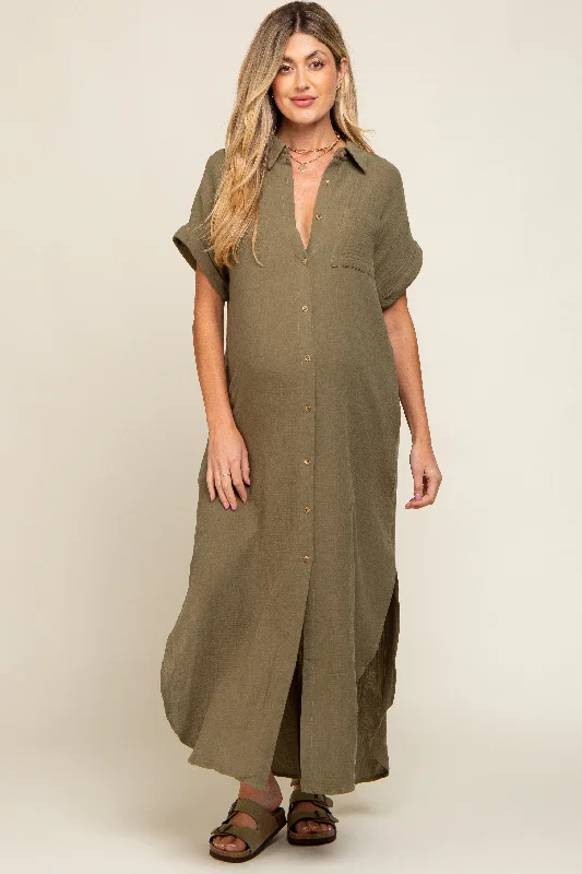 Maternity dress for a Christmas party Olive Button Down Maternity Midi Dress