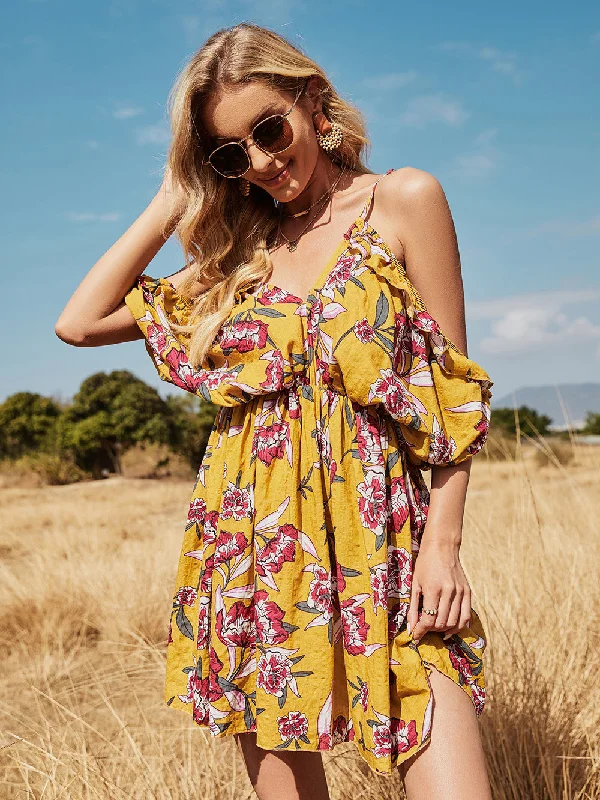 Mini dresses with side slits for a sexy appeal KittenAlarm - Holiday Beach Wedding Floral Off-shoulder Bat-sleeve Halter Suspender Dress Mini dresses with side slits for a sexy appeal KittenAlarm - Holiday Beach Wedding Floral Off-shoulder Bat-sleeve Halter Suspender Dress