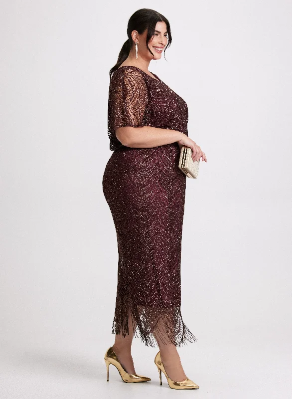 Midi dresses with puff sleeves for a vintage - inspired look Metallic Draped Crochet Dress Midi dresses with puff sleeves for a vintage - inspired look Metallic Draped Crochet Dress