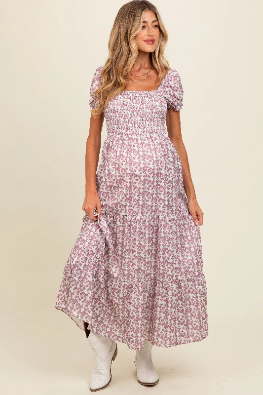 Maternity dress for a baby's first visit to the botanic garden Mauve Floral Puff Sleeve Smocked Maternity Maxi Dress