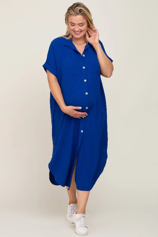 Maternity dress for a baby's first visit to the vertical garden Royal Blue Button Down Hi Low Maternity Plus Maxi Dress Maternity dress for a baby's first visit to the vertical garden Royal Blue Button Down Hi Low Maternity Plus Maxi Dress