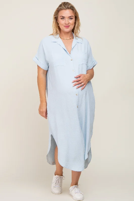Maternity dress for a baby's first visit to the vegetable garden Light Blue Button Down Hi Low Maternity Plus Maxi Dress Maternity dress for a baby's first visit to the vegetable garden Light Blue Button Down Hi Low Maternity Plus Maxi Dress