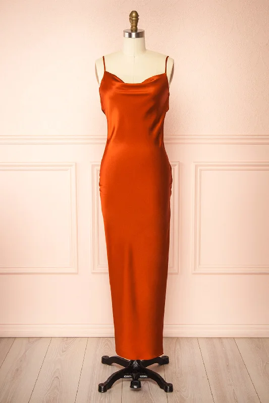 Midi dresses with cold - shoulder cutouts for a trendy style Stacy Rust | Long Satin Dress w/ Open Back Midi dresses with cold - shoulder cutouts for a trendy style Stacy Rust | Long Satin Dress w/ Open Back