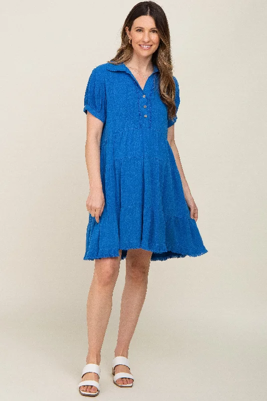Maternity dress for a baby's first visit to the butterfly garden Royal Blue Tiered Collared Linen Maternity Dress Maternity dress for a baby's first visit to the butterfly garden Royal Blue Tiered Collared Linen Maternity Dress