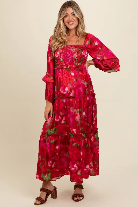 Maternity lace dress for a romantic look Red Satin Floral Smocked Ruffle Tier Maternity Maxi Dress Maternity lace dress for a romantic look Red Satin Floral Smocked Ruffle Tier Maternity Maxi Dress