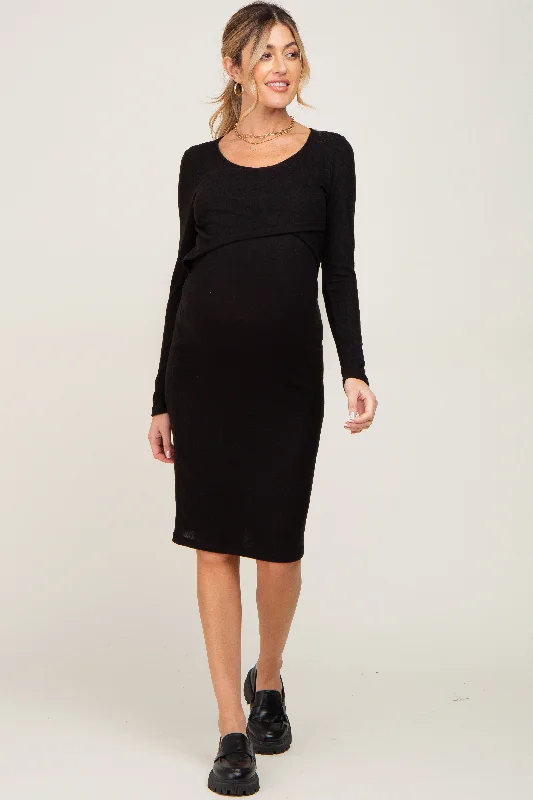 Maternity dress for a baby's first visit to the rooftop garden Black Brushed Knit Long Sleeve Maternity Wrap Nursing Dress Maternity dress for a baby's first visit to the rooftop garden Black Brushed Knit Long Sleeve Maternity Wrap Nursing Dress