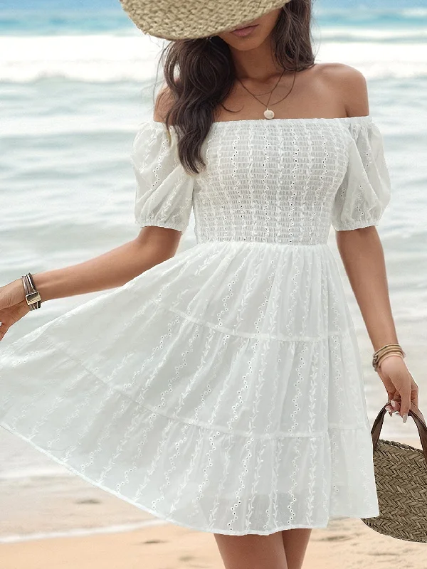 Everyday Dress with Cowl Neck for a Sophisticated Style Smocked Eyelet Off-Shoulder Mini Dress Everyday Dress with Cowl Neck for a Sophisticated Style Smocked Eyelet Off-Shoulder Mini Dress