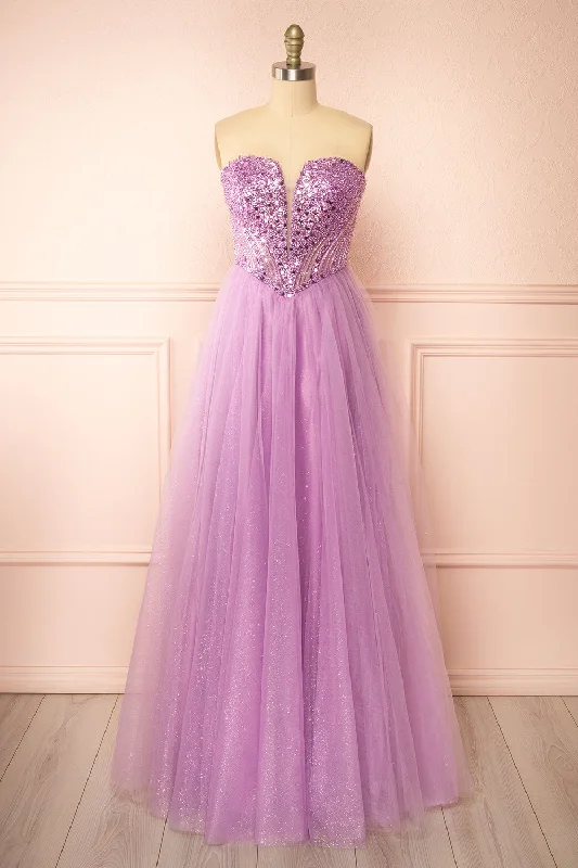 Maxi - inspired midi dresses with flowing fabrics for a beachy vibe Yeji Lavender | Sparkly Maxi Dress w/ Embroidered Bodice Maxi - inspired midi dresses with flowing fabrics for a beachy vibe Yeji Lavender | Sparkly Maxi Dress w/ Embroidered Bodice