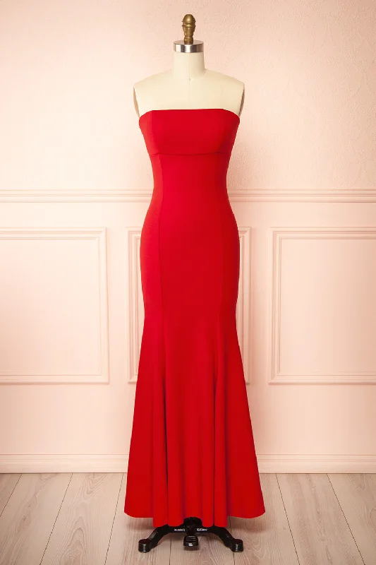 Midi dresses with asymmetric hems for a fashion - forward and dynamic appearance Aeji Red | Strapless Mermaid Dress w/ Corset Back Midi dresses with asymmetric hems for a fashion - forward and dynamic appearance Aeji Red | Strapless Mermaid Dress w/ Corset Back