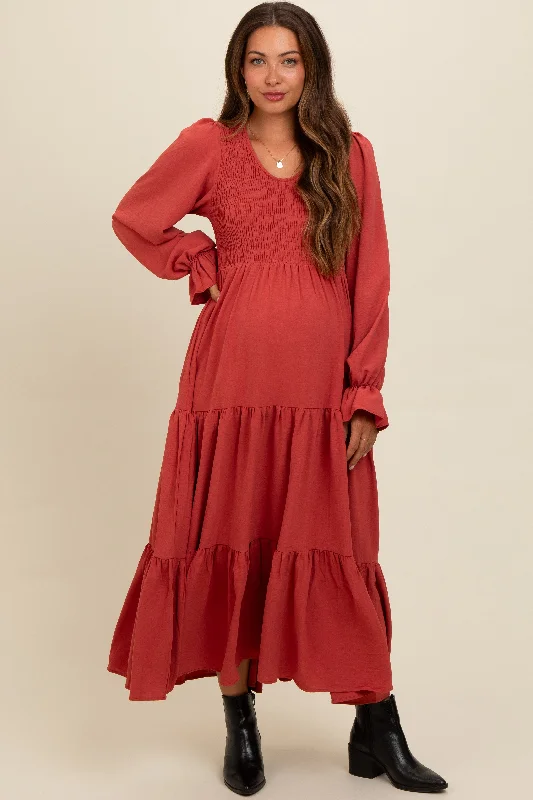 Maternity dress for a bridal shower as a hostess Rust Smocked Tiered Long Sleeve Maternity Maxi Dress Maternity dress for a bridal shower as a hostess Rust Smocked Tiered Long Sleeve Maternity Maxi Dress