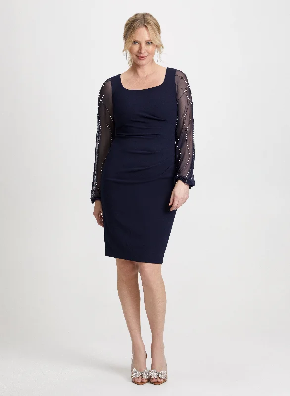 Midi dresses with ribbed textures for a unique and tactile appearance Sheer Beaded Sleeve Dress