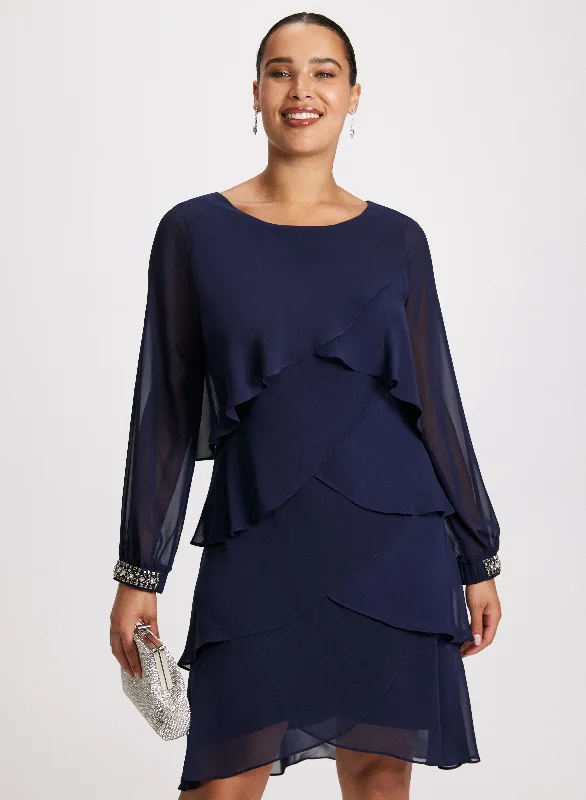 Midi dresses with side slits for a sexy and elegant appearance Layered Ruffle Chiffon Dress Midi dresses with side slits for a sexy and elegant appearance Layered Ruffle Chiffon Dress