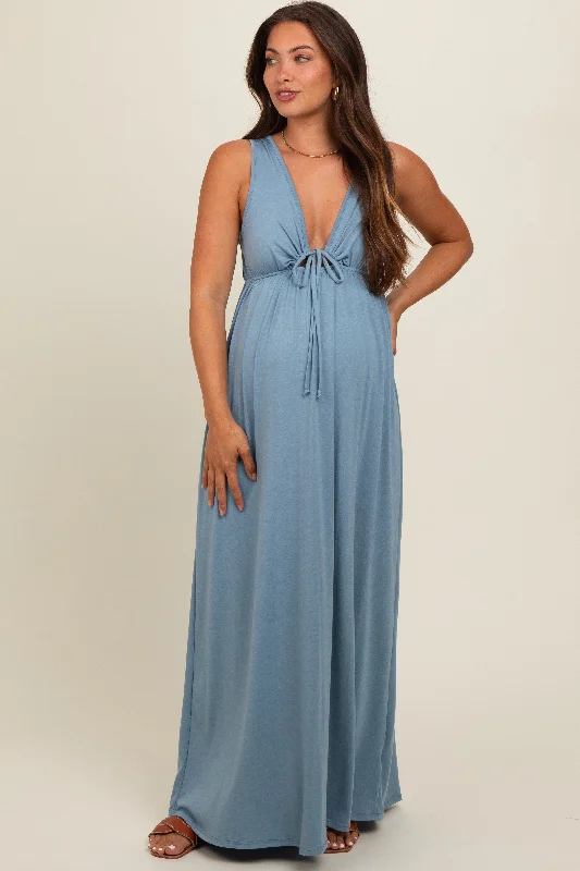 Maternity dress for a baby's first visit to the opera Blue Front Tie Cutout Sleeveless Maternity Maxi Dress Maternity dress for a baby's first visit to the opera Blue Front Tie Cutout Sleeveless Maternity Maxi Dress