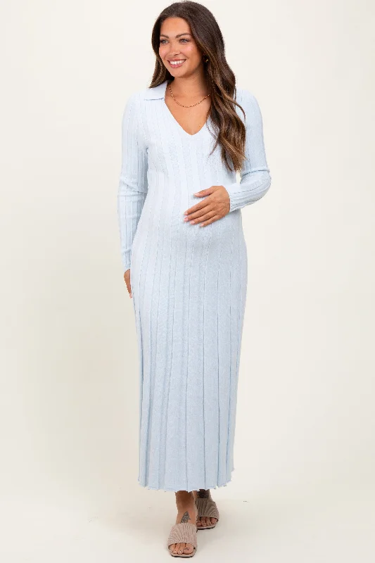 Maternity cocktail dress with sequin embellishments Light Blue Wide Ribbed Knit Collared Maternity Midi Dress Maternity cocktail dress with sequin embellishments Light Blue Wide Ribbed Knit Collared Maternity Midi Dress