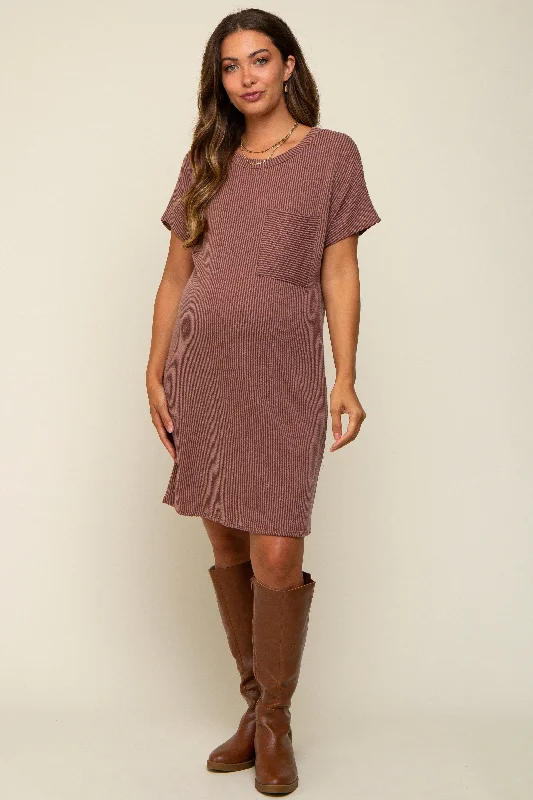 Maternity dress for a baby's first visit to the formal garden Brown Ribbed Front Pocket Dolman Short Sleeve Maternity Dress Maternity dress for a baby's first visit to the formal garden Brown Ribbed Front Pocket Dolman Short Sleeve Maternity Dress