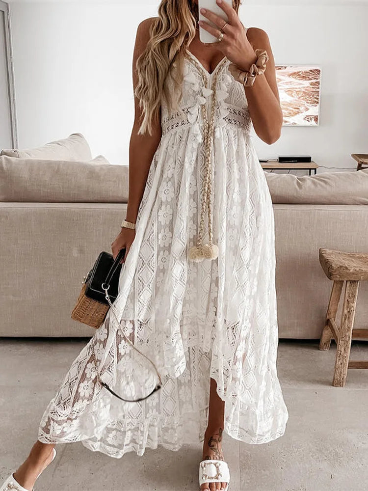 Everyday Dress with Sparkly Sequins for a Touch of Glamour Boho White Beige Lace V Neck Dress Everyday Dress with Sparkly Sequins for a Touch of Glamour Boho White Beige Lace V Neck Dress