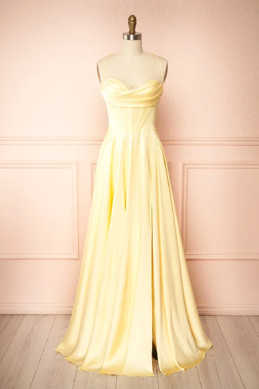 Midi dresses with fringe details for a fun and energetic style Misha Light Yellow | Corset Cowl Neck Maxi Dress Midi dresses with fringe details for a fun and energetic style Misha Light Yellow | Corset Cowl Neck Maxi Dress