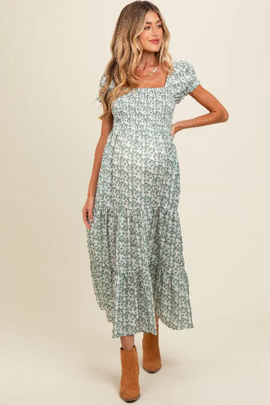 Maternity dress for a baby's first visit to the concert Olive Floral Puff Sleeve Smocked Maternity Maxi Dress Maternity dress for a baby's first visit to the concert Olive Floral Puff Sleeve Smocked Maternity Maxi Dress