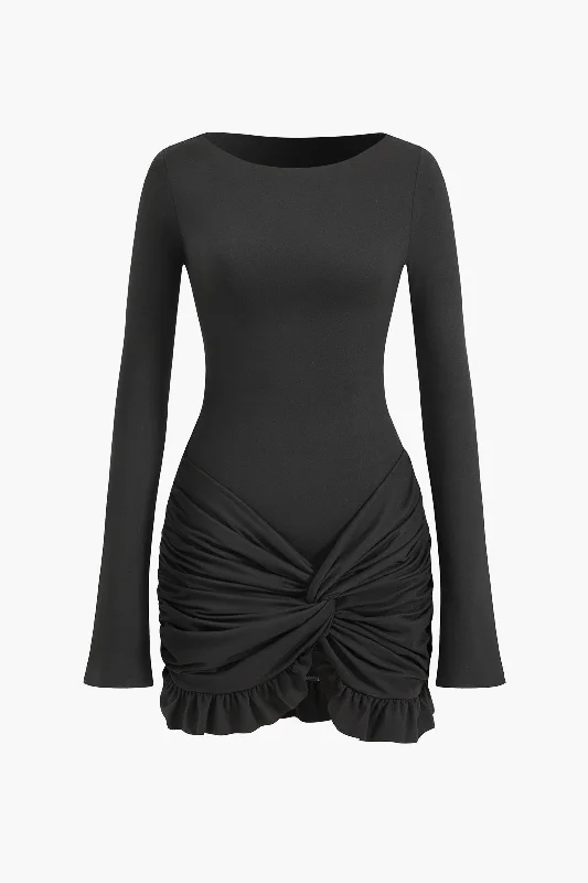 Mini dresses with beaded embellishments for a fancy event Solid Ruffle Ruched Twist Long Sleeve Mini Dress Mini dresses with beaded embellishments for a fancy event Solid Ruffle Ruched Twist Long Sleeve Mini Dress
