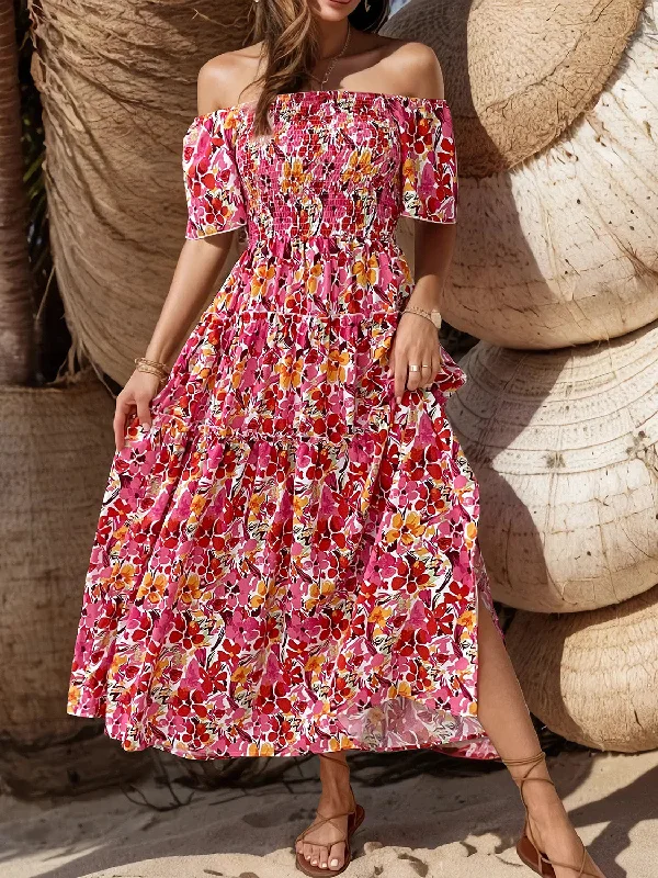  Slit Floral Off-Shoulder Short Sleeve Dress