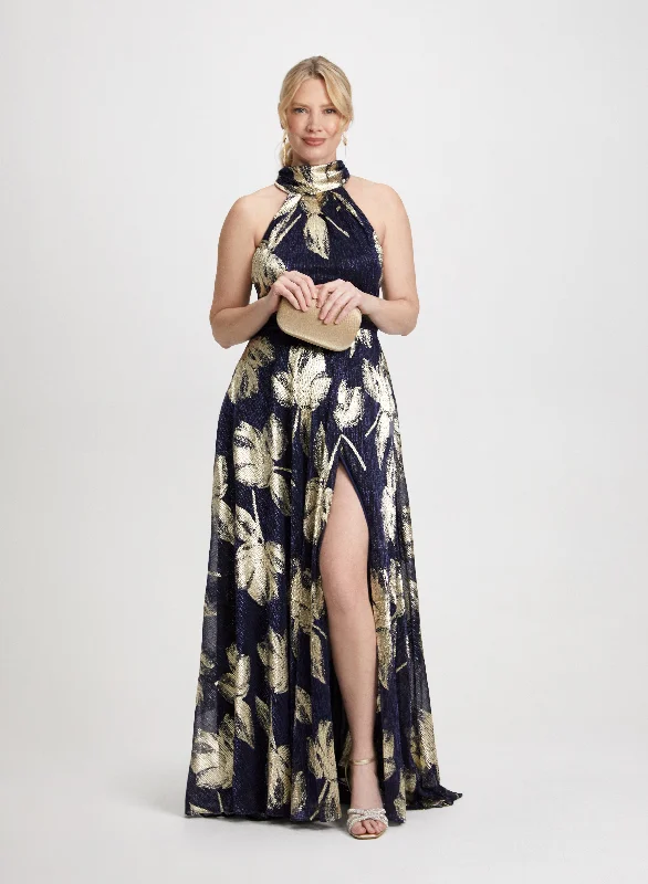 Wrap - style midi dresses in silk for a sophisticated office look Metallic Halter Neck Dress Wrap - style midi dresses in silk for a sophisticated office look Metallic Halter Neck Dress