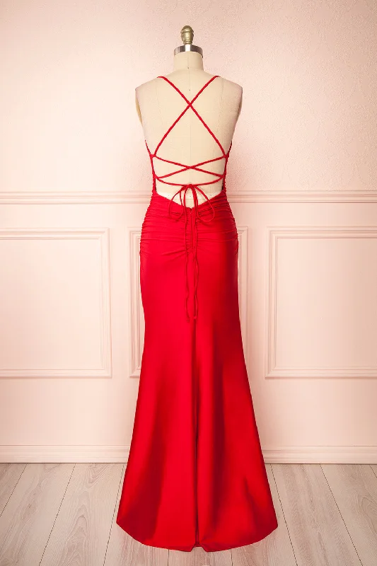 Midi dresses with pleated bodices for a classic and tailored look Sonia Red | Mermaid Maxi Dress w/ Slit