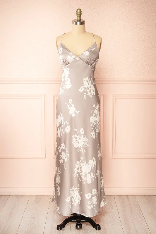 Midi dresses with off - the - shoulder necklines for a flirty look Quovadine | Floral Satin Dress w/ Open-Back Midi dresses with off - the - shoulder necklines for a flirty look Quovadine | Floral Satin Dress w/ Open-Back