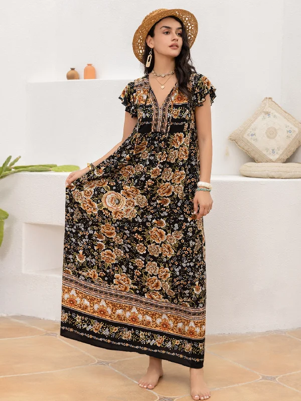 Everyday Denim Dress with Distressed Details Meadow Bloom Printed Tie Neck Cap Sleeve Dress Everyday Denim Dress with Distressed Details Meadow Bloom Printed Tie Neck Cap Sleeve Dress