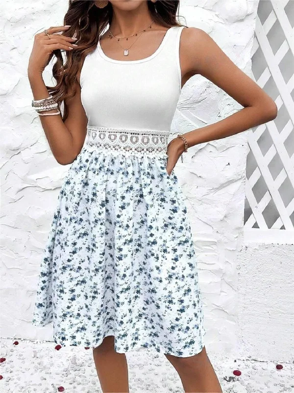  Lace Detail Floral Round Neck Sleeveless Dress