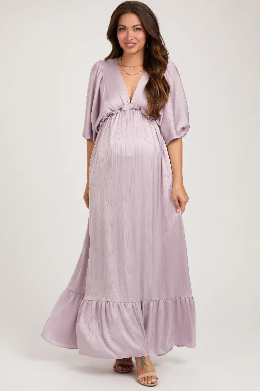 Maternity dress for a baby's first visit to the bird sanctuary Lavender Striped Ruffle Accent Maternity Maxi Dress Maternity dress for a baby's first visit to the bird sanctuary Lavender Striped Ruffle Accent Maternity Maxi Dress